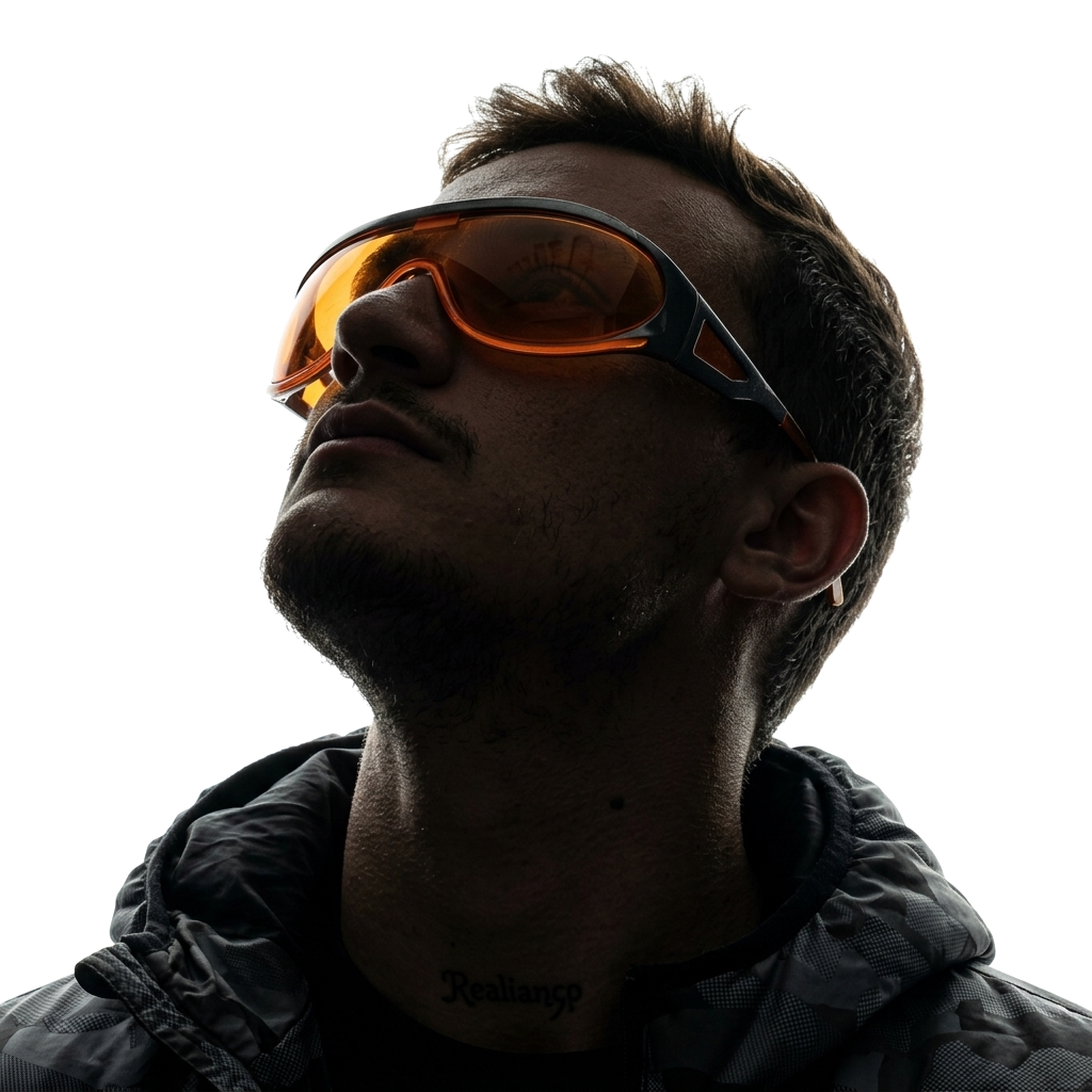 Fundador da Nexus Lab, de óculos laranja, olhando para cima